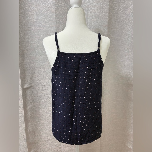 E & M Navy Blue Polka Dot Lace Trim Top Size Small Boho Embroidered Festival - Picture 2 of 12